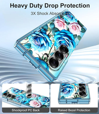 Btscase for Samsung Galaxy Z Fold 6 Case,Built in Front Screen Protector,Gold Glitter Marble Pattern Hard PC Slim Shockproof Full Body Drop Protective Case for Galaxy Z Fold 6 5G, Blue Rose
