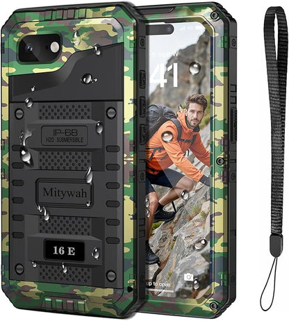 Mitywah Waterproof Case for iPhone 16e and for iPhone 17e, Shockproof Heavy Duty Case with Built-in Screen Protector, Underwater Full Body Protective Metal Case 6.1 inch, Camouflage