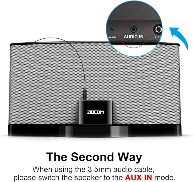 ZIOCOM 30 Pin Bluetooth Adapter Receiver for Bose iPod iPhone SoundDock and Other 30 pin Dock Speakers with 3.5mm Aux Cable(Not for Car and Motorcycles), Black