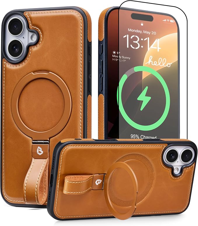 for iPhone 17 Leather Case with Stand, Anti-Slip Grip Ring, Fits for MagSafe (Brown, iPhone 17)