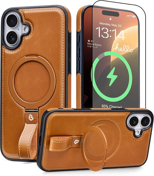for iPhone 17 Leather Case with Stand, Anti-Slip Grip Ring, Fits for MagSafe (Brown, iPhone 17)
