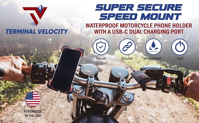 Terminal Velocity Sport - Motorcycle Phone Mount - Bike Cell Phone Holder - Bike Phone Mount, for iPhone & Android - Fits Harley Davidson, eBike, ATV, Bicycle - Incl. Mirror & Rain-Cover