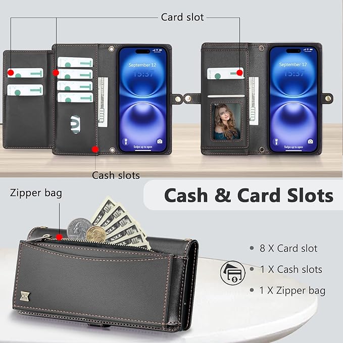 Wallet Case for iPhone 16 with Card Holder/Crossbody Wallet/Strap| RFID Blocking | Magnetic | Kickstand | Detachable | PU Leather Phone Case for iPhone 16,6.1 in,Black