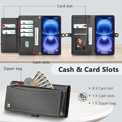 Wallet Case for iPhone 16 with Card Holder/Crossbody Wallet/Strap| RFID Blocking | Magnetic | Kickstand | Detachable | PU Leather Phone Case for iPhone 16,6.1 in,Black