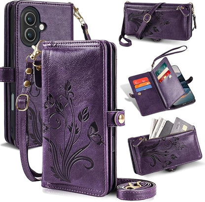 Lacass for iPhone 16 Case Wallet,[Cards Theft Scan Protection] Card Holder Zipper Leather Flip Cover Crossbody Wrist Strap with Stand (Floral Dark Purple)