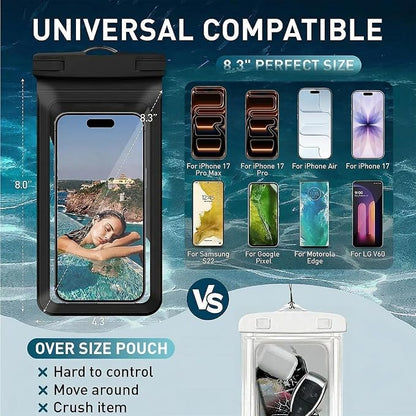 Waterproof Phone Pouch, with Interior Card Pocket, Large Waterproof Phone Case for iPhone 17 16 15 14 Pro Max, IPX8 Lightweigt Cellphone Dry Bag, Beach Cruise Ship Essentials,1 Pack-Black-8.3″