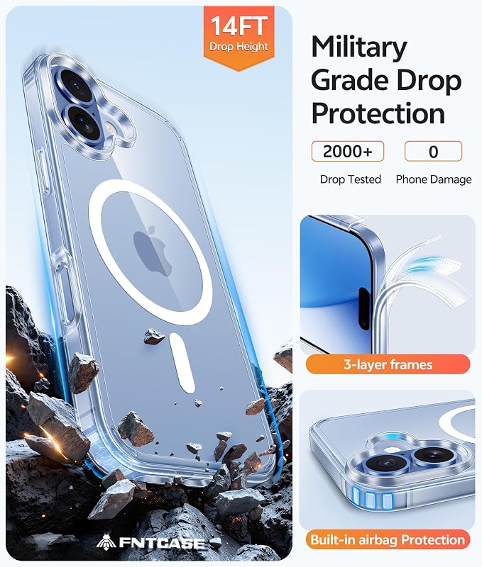 FNTCASE for iPhone 17 Case: [Compatible with Magsafe] [Screen Protector] Anti Yellowing Transparent Clear Magnetic Phone Cover - Military Grade Shockproof Drop Proof Protective Cases - Clear