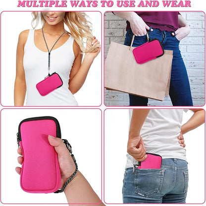 Pwsap Phone Sock, Universal Shock & Impact Resistant Neoprene Pouch with Carabiner and Lanyard Strap Sleeve Case for Hiking & Travelling Phone Bag Fits Phones up to 7 Inches, Rose Pink, M