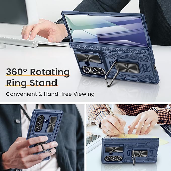 VEGO for Samsung Fold 7 Case with Hinge Protection& Slide Lens Cover,Blue | Built-in 360°Rotating Ring Stand[Screen Protector] Heavy Duty Shockproof Protective Hard Case for Samsung Z Fold 7 2025