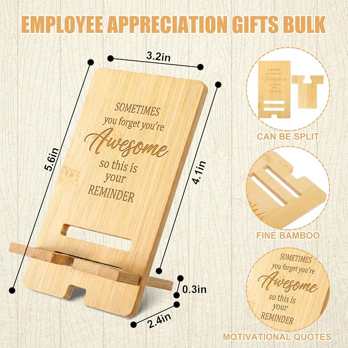 Ripeng 12 Pcs Employee Appreciation Gifts Bulk Bamboo Phone Stand for Desk Office Worker Thank You Gift for Administrative Team Coworkers Staff Graduation Nurse Teacher Week (Awesome Reminder)