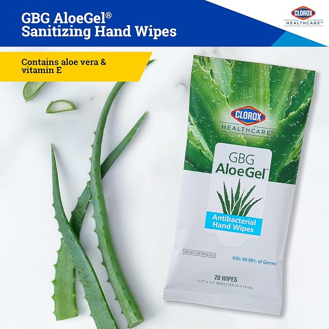 Clorox Healthcare GBG AloeGel Hand Sanitizer Wipes - Bleach-Free Hand Sanitizing Wipes for Hands in Resealable Pouch - Disinfecting Sanitizer Solution for School Supplies & Office Use, 20 Count