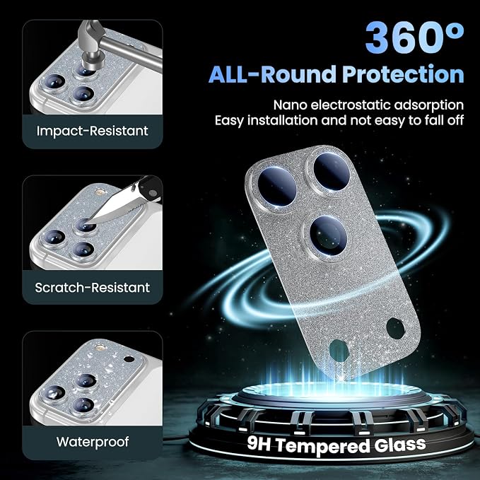 Uyiton for iPhone 17-Pro Camera-Lens Protector: Bling [Not Easy to Break][Strong Adsorption][Case-Friendly] Metal Tempered Glass Rear Camera Screen Cover - Glitter Silver