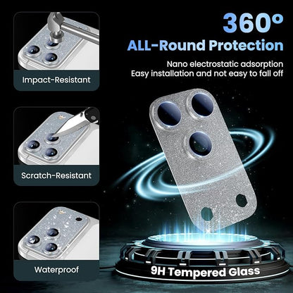 Uyiton for iPhone 17-Pro Camera-Lens Protector: Bling [Not Easy to Break][Strong Adsorption][Case-Friendly] Metal Tempered Glass Rear Camera Screen Cover - Glitter Silver