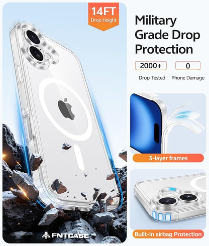 FNTCASE for iPhone 16 Plus Case: [Compatible with Magsafe] [Screen Protector] Anti Yellowing Transparent Clear Magnetic Phone Cover - Military Grade Shockproof Drop Proof Protective Cases - Clear