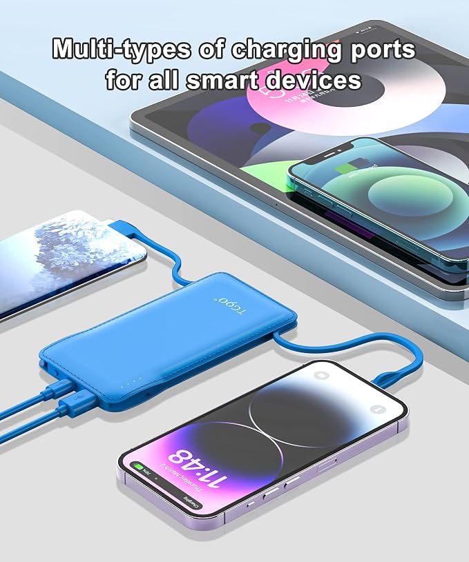 TG90° 10000mah Power Bank Portable Charger with Built-in Cables(No AC Plug), Portable Phone Charger Battery Backup Compatible with iPhone 17 16 15 14 13 12 and Android Phones