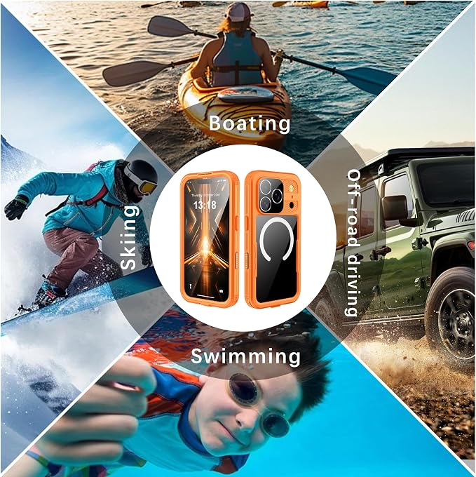 GOLDJU Magnetic for iPhone 17 Pro Case-Waterproof, Built-in Screen & Camera Protector-IP68 Underwater Full Body 16FT Military Dropproof Shockproof Case for 17 Pro 6.3''- Orange