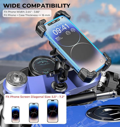 VAZESWIN Motorcycle Fork Stem Phone Mount with Vibration Dampener, Motorcycle Cell Phone Holder with Aluminum Alloy Anti-Theft Short Arm, Fit 12mm to 25.4mm Diameter Stem Tubes, for 5.5"-7.2" Phones