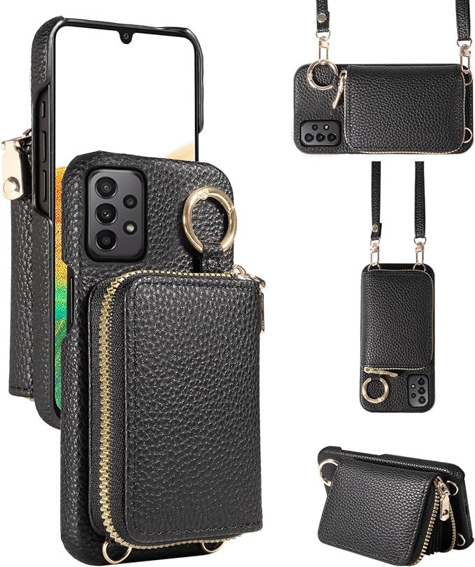 Wallet Case for Samsung Galaxy A33 5G with Shoulder Strap Ring Buckle, Luxury PU Leather Zipper Flip Organ Purse Credit Card Holder Stand Full Body Cell Phone Cover for A 33 33A Women Men Black