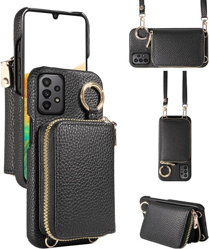 Wallet Case for Samsung Galaxy A33 5G with Shoulder Strap Ring Buckle, Luxury PU Leather Zipper Flip Organ Purse Credit Card Holder Stand Full Body Cell Phone Cover for A 33 33A Women Men Black