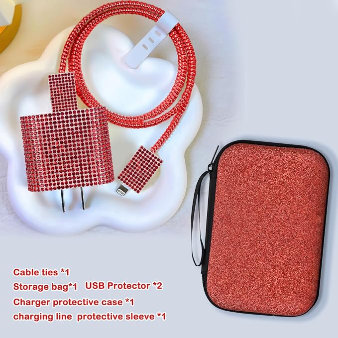Luxury Phone Charger Case Storage Sets Wire Saver Cable Protector with Travel Storage Bag, Soft Sparkle Cable Charger Protector Cord Organizer for iPhone (Glitter Red)
