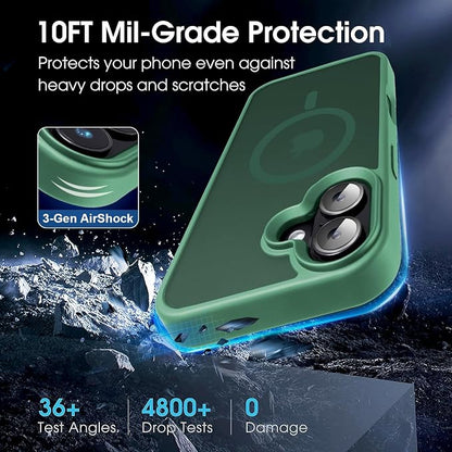 Magnetic Case for iPhone 16 Case [10FT-Grade Drop Tested & Compatible with MagSafe] Translucent Anti-Fingerprint Shockproof Protective Cover 6.1 Inch,Dark Green