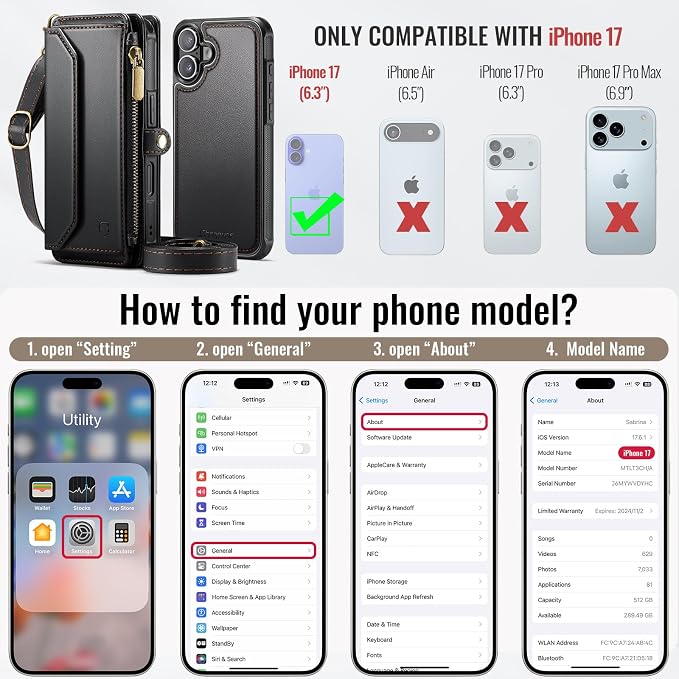 Strapurs for iPhone 17 Detachable Wallet Case Compatible with Magsafe for Women, RFID Blocking 9-Card Holder Zipper Wrist Strap Lanyard PU Leather Magnetic Phone Case for iPhone 17 6.3", Black