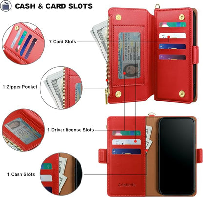 Antsturdy Compatible with iPhone 16 Plus Wallet Case,RFID Blocking PU Leather Phone Case Women Men Kickstand flip Cover Wrist Strap Zipper Credit Card Holder Slots for Apple 16 Plus 6.7",Red