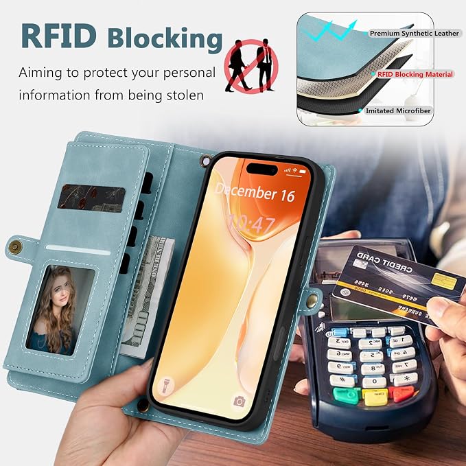 Wallet Case for iPhone 15 with Card Holder/Crossbody Wallet/Strap| RFID Blocking | Magnetic | Kickstand | Detachable | PU Leather Phone Case for iPhone 15,6.1 in,Blue