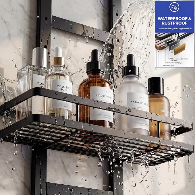 Over the Door Shower Caddy Hanging, Rustproof Shower Shelves with Waterproof Phone Pouch, 2-Tier Adjustable Bathroom Organizers and Storage, No Drilling Shower Shelf, Black Shampoo Soap Holder