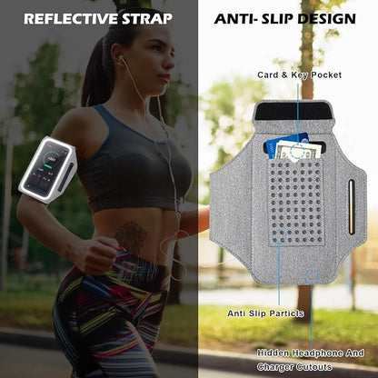 GUZACK Running Armband Case for iPhone 17/16/15/14/13 Pro Max, Galaxy S25/S24/S23/S22, Universal Cell Phone Arm Holder with Key Pocket & Card Slot, Gray