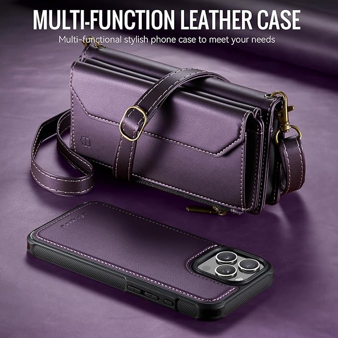 Strapurs for iPhone 16 Pro Max Detachable Wallet Case Compatible with Magsafe, RFID Blocking 9-Card Holder Zipper Strap Lanyard PU Leather Magnetic Phone Case for iPhone 16 Pro Max 6.9", Purple