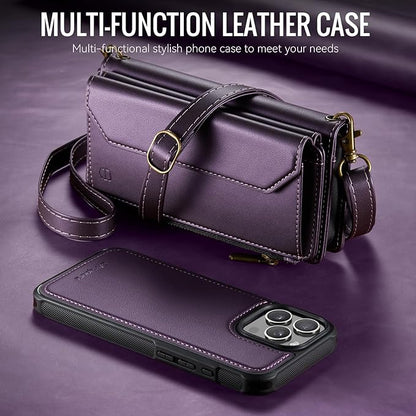 Strapurs for iPhone 16 Pro Max Detachable Wallet Case Compatible with Magsafe, RFID Blocking 9-Card Holder Zipper Strap Lanyard PU Leather Magnetic Phone Case for iPhone 16 Pro Max 6.9", Purple