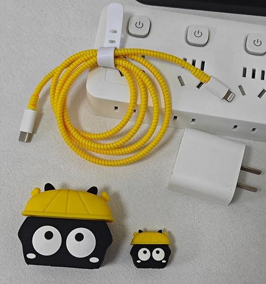 Compatible with iPhone 18W/20W USB-C Charger Protector Cover, 3D Cute Cartoon Charger Case for Apple iPhone 20W USB-C Power Adapter and Lightning Cable Protective Wire Saver (Yellow Hat Black)