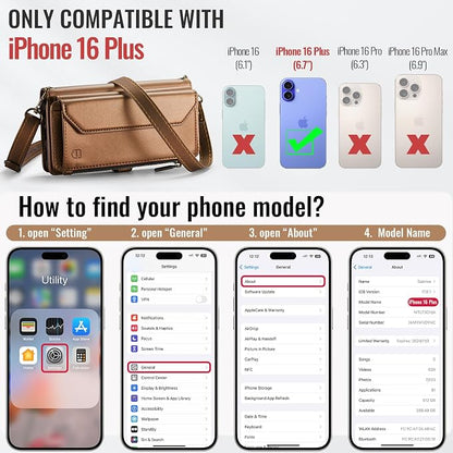 Strapurs Wallet Case Compatible with iPhone 16 Plus 6.7" RFID Blocking 10-Card Holder Soft PU Leather Magnetic Snap Shoulder Strap Zipper Pocket Phone Case Fit for iPhone 16 Plus - Brown