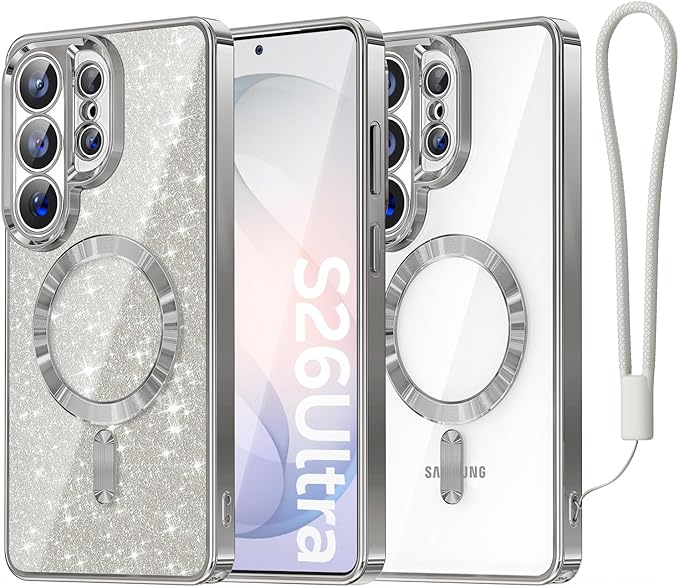 Meifigno Magnetic Case Designed for Samsung Galaxy S26 Ultra 6.9", [Compatible with MagSafe] [Removable Glitter Card & Wrist Strap], Surround Lens Protection Case for Galaxy S26 Ultra, Silver
