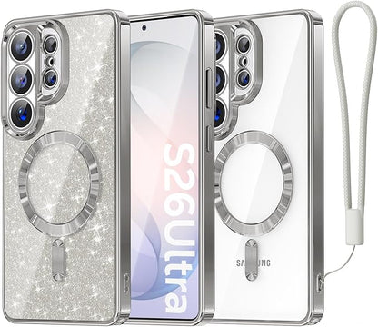 Meifigno Magnetic Case Designed for Samsung Galaxy S26 Ultra 6.9", [Compatible with MagSafe] [Removable Glitter Card & Wrist Strap], Surround Lens Protection Case for Galaxy S26 Ultra, Silver