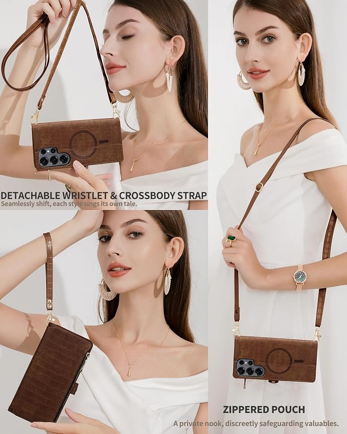 Crossbody Wallet Case for Samsung Galaxy S26 Ultra with Mirror, Wrist Strap, Zipper Purse Magnetic Flip, RFID Blocking Card Holder, PU Leather Shockproof Women (Brown)