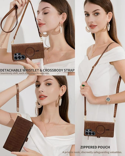 Crossbody Wallet Case for Samsung Galaxy S26 Ultra with Mirror, Wrist Strap, Zipper Purse Magnetic Flip, RFID Blocking Card Holder, PU Leather Shockproof Women (Brown)
