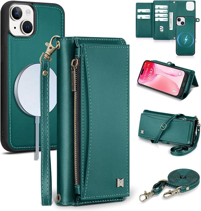 Wallet Case for iPhone 15 Plus with Card Holder/Crossbody Wallet/Strap| RFID Blocking | Magnetic | Kickstand | Detachable | PU Leather Phone Case for iPhone 15 Plus,6.7 in,Green