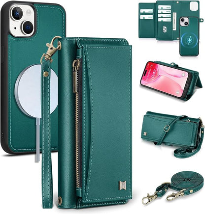 Wallet Case for iPhone 15 Plus with Card Holder/Crossbody Wallet/Strap| RFID Blocking | Magnetic | Kickstand | Detachable | PU Leather Phone Case for iPhone 15 Plus,6.7 in,Green