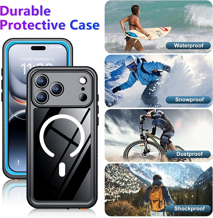 Temdan Magnetic Compatible with iPhone 17 Pro Case,Waterproof Built-in Screen & Camera Protector IP68 Underwater Full Body 17FT Military Dropproof Shockproof Phone Case 6.3"-Mag/Blue