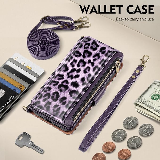 Antsturdy Compatible with iPhone 15 Wallet Case for Women【RFID Blocking】 Crossbody Phone Case PU Leather Zipper Wrist Strap Flip Cover Credit Card Holder Slots,for Apple 15 6.1",Leopard-Purple