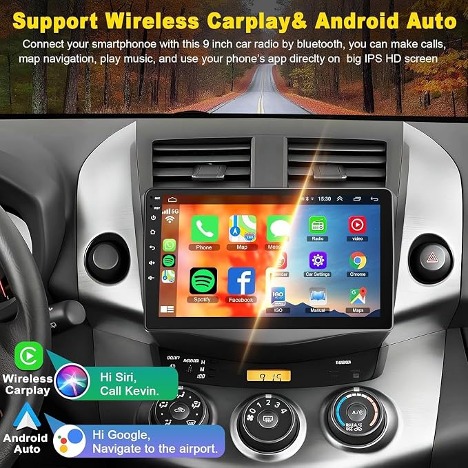 4G+64G Car Radio Stereo for Toyota RAV4 2007-2012, Wireless Carplay&Android Auto with Android 13 Support Bluetooth/Voice Control/GPS/WiFi/Back-up Camera/SWC/FM, 9 Inch IPS Touch Screen for Toyota RAV4