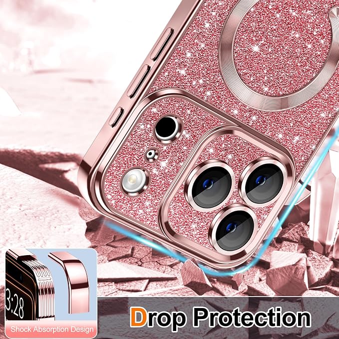 Hython for iPhone 17 Pro Case Glitter Clear Magnetic Phone Cases [Compatible with MagSafe] Full Camera Lens Protector Sparkle Luxury Plating Slim Shockproof Protective Cover Women, Pink