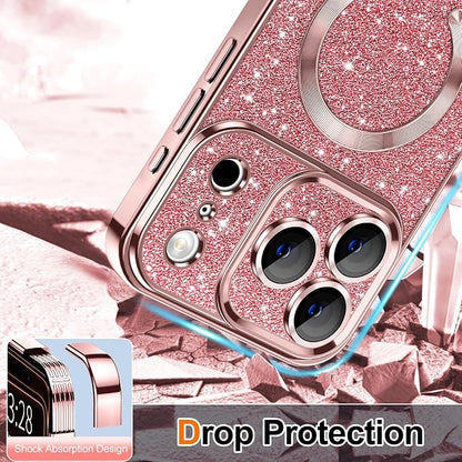 Hython for iPhone 17 Pro Case Glitter Clear Magnetic Phone Cases [Compatible with MagSafe] Full Camera Lens Protector Sparkle Luxury Plating Slim Shockproof Protective Cover Women, Pink