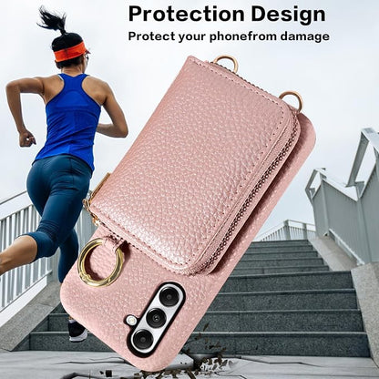 Wallet Case for Samsung Galaxy A24 4G/5G with Shoulder Strap Ring Buckle PU Leather Zipper Flip Organ Purse, Credit Card Holder Stand Full Body Cell Phone Cover for A 24 24A Lte Women Rose Gold