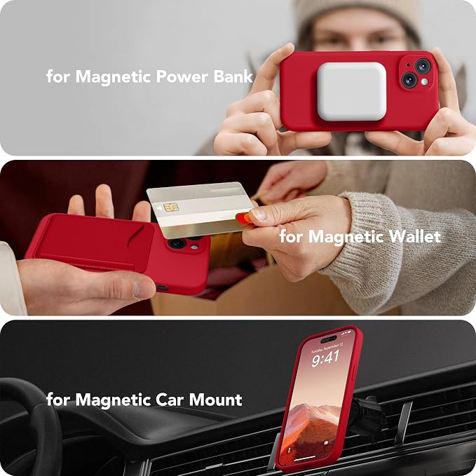 Magnetic for iPhone 14 Case, Compatible with MagSafe, [Full Camera Protection][Screen Protector] Silicone Shockproof Protective Phone Case for iPhone 14 6.1 inch, Deep Red