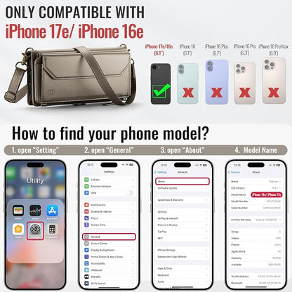 Strapurs Crossbody Wallet Case Compatible with iPhone 17e / iPhone 16e RFID Blocking 7-Card Holder PU Leather Magnetic Snap Shoulder Strap Zipper Pocket Phone Cases for iPhone 17e / 16e - Bronze Gold