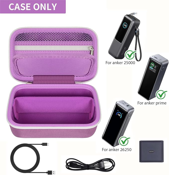Laptop Power Bank Case for Anker 25000& Prime 27650, Purple | Organizes the Power Bank, Small Cables and 100W Charging Base; Larger 150W Charging Base Does Not Fit, Case Only