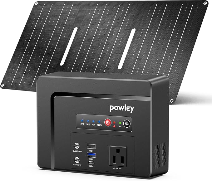 powkey Solar Powered Generator 100W Rated, 97Wh Portable Power Station with Solar Panels 30W Included, Fast Charging Power Bank with AC Outlet 110V/PD65W USB C/QC 3.0 for Outdoor Camping Home Backup